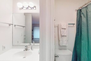 Shower, towels - Riverfront condo with beach access to lake, fireplace, washer/dryer & cable (Glen Arbor)