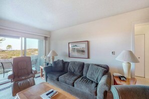 TV, fireplace, stereo - Riverfront condo with beach access to lake, fireplace, washer/dryer & cable (Glen Arbor)