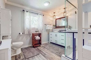 Shower, hair dryer, towels - Serene Home with Fire pit, Gas Grill, WIFI & Close to Beach (Three Oaks)