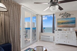 Interior - Wake up to Gulf views and sunsets from your private balcony. This penthouse studio beachfront escape at Estero Beach & Tennis Club on the south end of Fort Myers Beach.  Sleeps 2, a king bed—perfect for couples. (Fort Myers Beach)