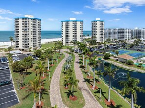 Exterior - Wake up to Gulf views and sunsets from your private balcony. This penthouse studio beachfront escape at Estero Beach & Tennis Club on the south end of Fort Myers Beach.  Sleeps 2, a king bed—perfect for couples. (Fort Myers Beach)