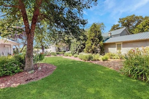 A well-maintained garden with a lawn, trees, and shrubs.