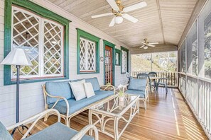 Outdoor dining - Calming Cottage on the River W/ Furnished Porch, Lofted Layout & Ideal Location (Saugatuck)