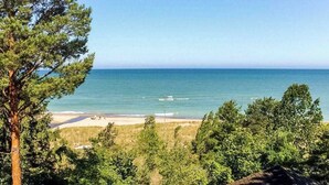 Vista sulla costa con spiaggia, alberi e cielo sereno.