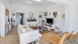 Un salon moderne avec un canapé, une table basse, un téléviseur et des fauteuils en osier.