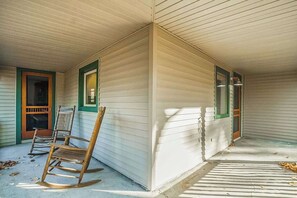 Terrace/patio - Terrific riverfront home near the slopes w/ firepit, free WiFi & five-acre lot (Thompsonville)