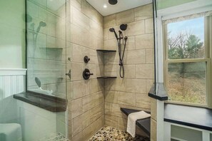 Shower, towels - Terrific riverfront home near the slopes w/ firepit, free WiFi & five-acre lot (Thompsonville)