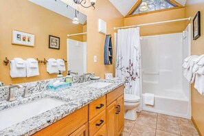 Shower, towels - Stunning two-story home in the trees w/ a firepit, furnished deck, & balcony (Thompsonville)