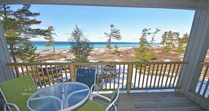 Beachfront condo with gorgeous Lake Michigan views, deck, fireplace, W/D, AC