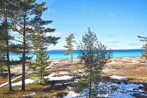 On the beach - Beachfront condo with gorgeous Lake Michigan views, deck, fireplace, W/D, AC (Glen Arbor)