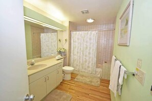 Shower, towels - Beachfront condo with gorgeous Lake Michigan views, deck, fireplace, W/D, AC (Glen Arbor)
