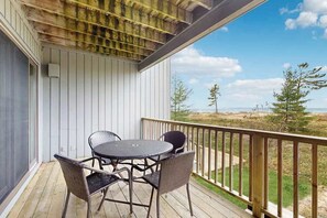Outdoor dining - Beachfront condo on Lake Michigan with fireplace, deck, washer/dryer, great view (Glen Arbor)