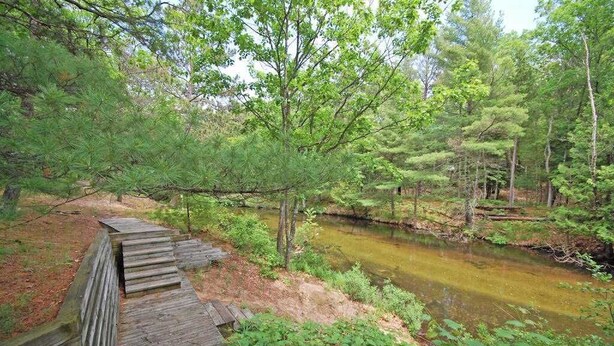 A wooden boardwalk leading to a forested area with a stream. - River-view townhouse with Lake Michigan access, deck, fireplace, and cable (Glen Arbor)