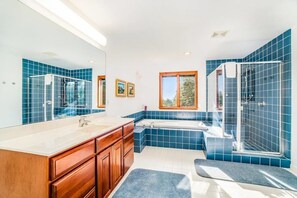 Shower, towels - Dog-friendly, lake view home with three season room, fireplace, video projector (Arcadia)