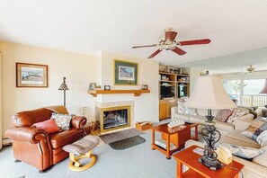 TV, fireplace, DVD player, offices - Lovely Lake Michigan beachfront condo with deck, washer/dryer, fireplace, views (Glen Arbor)