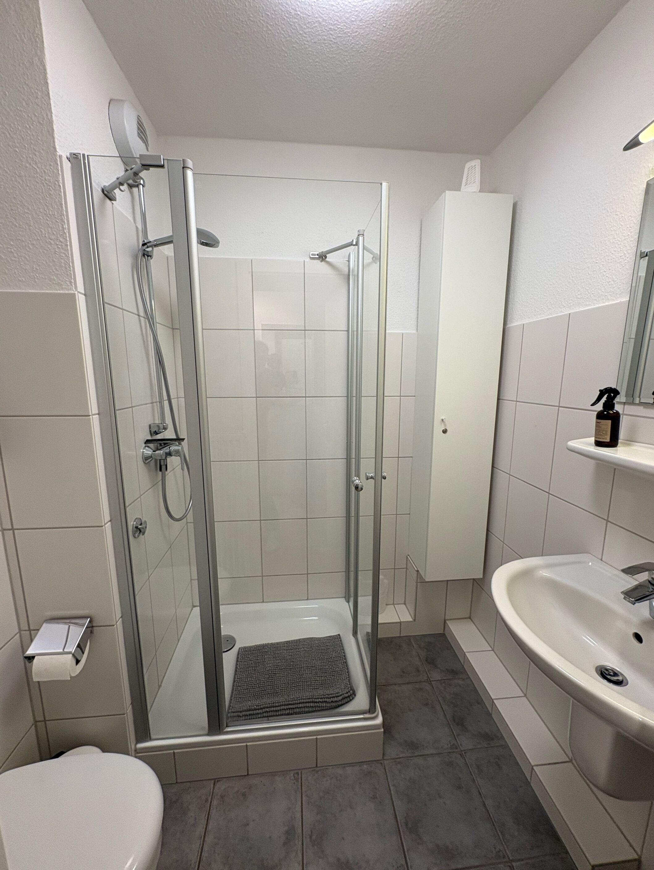 A modern bathroom with a glass-enclosed shower, a white sink, and a toilet.