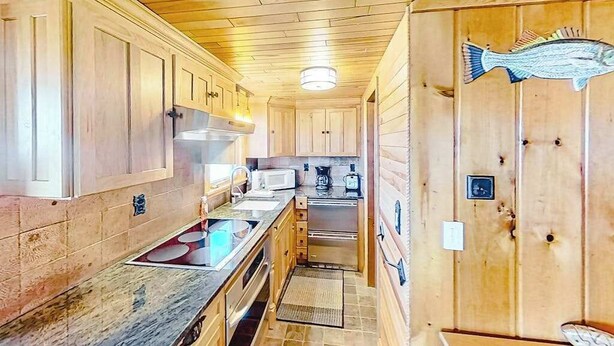 A compact kitchen with wooden cabinets, a microwave, and a fish mural on the wall.