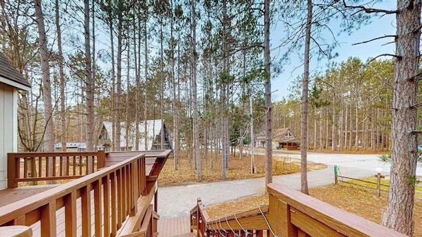 Eine Holzterrasse, die zu einem Gebäude inmitten hoher Bäume führt.