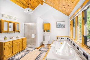 Shower, towels - Waterfront home on Betsie River with hot tub & sauna near skiing at Crystal Mtn (Thompsonville)