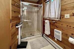 Shower, hair dryer, towels - Lakefront home with private beach, lake views, dock, kayaks, firepit, grill, W/D (Traverse City)