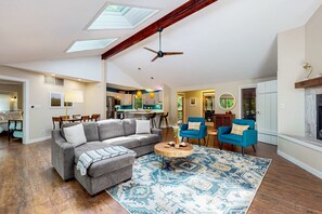 TV, fireplace, offices - Serene Wooded Home w/ Private Hot Tub, Firepit & Porch, Dog-Friendly (New Buffalo)