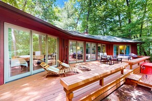 Terrace/patio - Serene Wooded Home w/ Private Hot Tub, Firepit & Porch, Dog-Friendly (New Buffalo)
