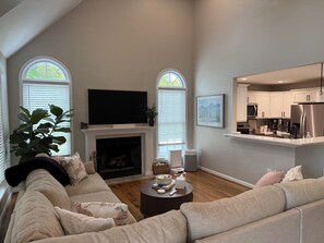 Ein Wohnzimmer mit Kamin, Fernseher, einer Couch und einer Küchenzeile inklusive Schränke und Geräte.