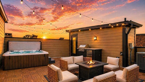 Un patio exterior con jacuzzi, mobiliario de mimbre, un brasero, luces colgantes y una parrilla.