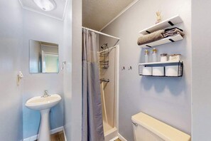 Shower, hair dryer, towels - Water view condo with peaceful balcony, open layout, smart TVs, games, & W/D (Ocean City)