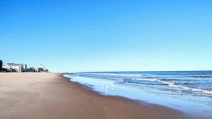 Una playa con cielo despejado, orilla arenosa y edificios al fondo.