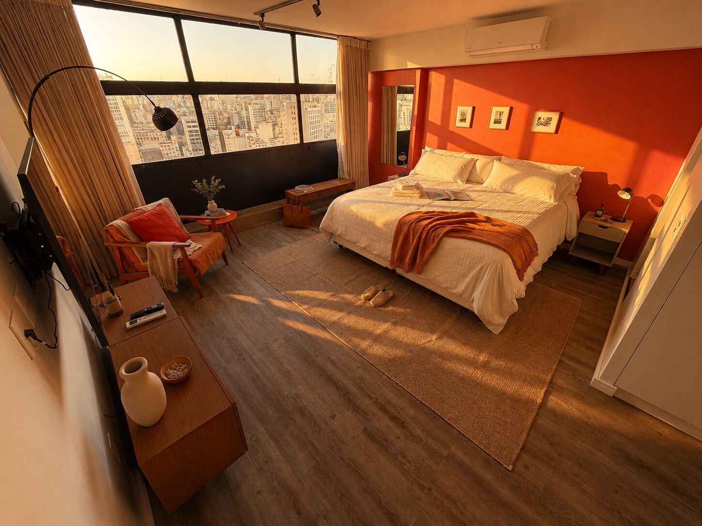 A modern bedroom with a large bed, a desk, a chair, a nightstand, and a view of the city through a large window.
