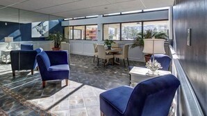 Eine moderne Hotelhalle mit blauen Stühlen, einem Essbereich, Topfpflanzen und großen Fenstern mit Blick auf die Stadt.