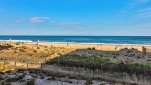 Ein Strand mit einer Holzzahlung, sandigen Dünen und einem klaren, blauen Himmel.