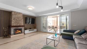 TV, fireplace