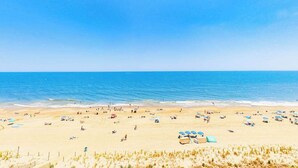 Una playa con numerosas sombrillas y sillas, una orilla arenosa y el océano al fondo.