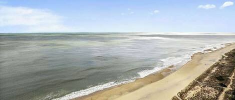 A beach with a clear sky, a sandy shore, and a calm sea.
