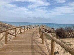 Ein hölzerner Steg führt zum Strand mit einer sandigen Landschaft und dem Meer im Hintergrund.