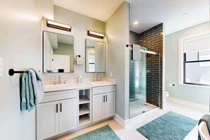 Shower, towels - Brand-new, dog-friendly home with chef's kitchen, EV charger, decks, & firepit (Ocean City)