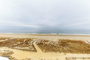 A beach with a sandy path leading to the water, a wooden fence, and a cloudy sky. - Sixth-floor oceanfront condo w/central AC, washer/dryer, furnished balcony (Ocean City)