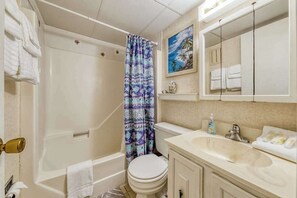 Shower, hair dryer, towels - Charming 1st-Floor Condo w/Private Balcony, Free WiFi, Partial A/C, and W/D (Ocean City)