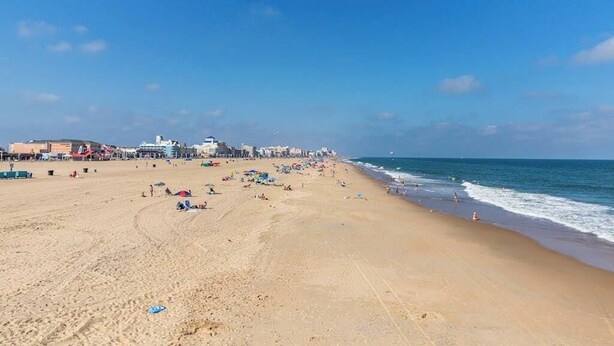 A wide sandy beach with a clear blue sky, a few buildings in the background, and the ocean. - Homey, comfortable condo w/ a furnished balcony - just blocks from the beach (Ocean City)