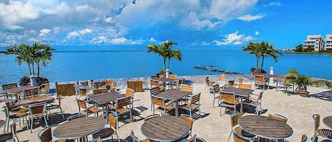 Un restaurant situé en bord de mer, avec une terrasse et des palmiers.