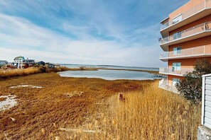 A coastal building with a balcony overlooking a marshy area and a body of water. - San Remo 102 (Ocean City)