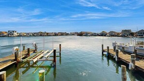 Un puerto deportivo con muelles de madera, barcos y casas al fondo.