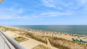 A beach with a clear sky, sandy areas, and umbrellas. - Gateway Grand 507 (Ocean City)