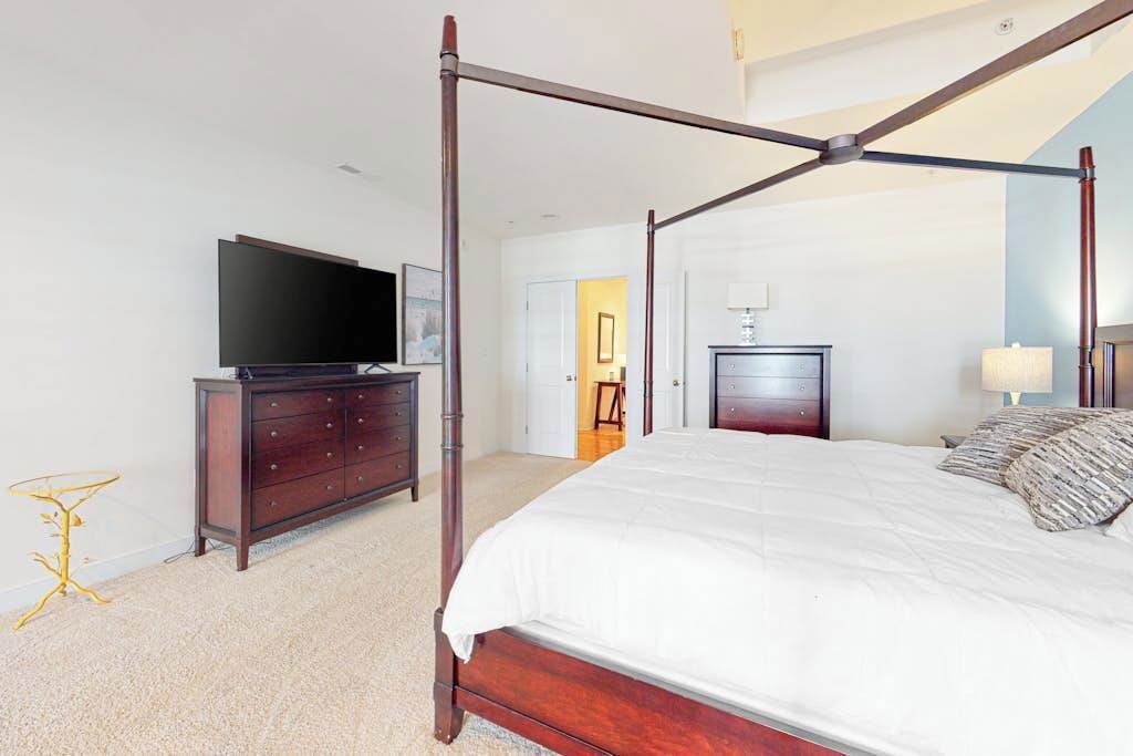 Una cama con dosel, un televisor sobre una cómoda y una puerta que da a otra habitación.