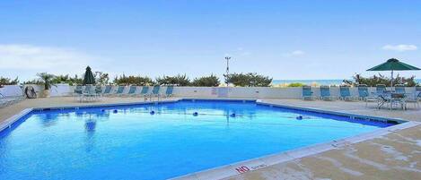 Piscina com espreguiçadeiras e guarda-sóis, cercada por um muro baixo e vegetação.