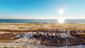 Une plage bordée d’une clôture et dont la végétation est recouverte de neige.