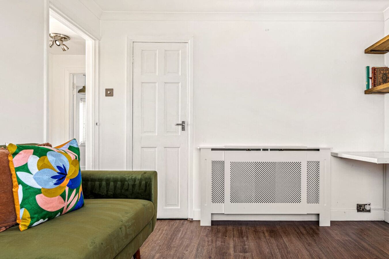 Una habitación con un sofá verde, un radiador blanco y una puerta blanca.