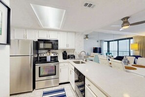 Fridge, microwave, oven, stovetop - Modern, ocean-view condo with balcony, pools, saunas, tennis & gym (Ocean City)